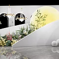 Elegant Decorative Setup With Moon White Curved Structures Greenery Flowers And Reflective Floor 3d model