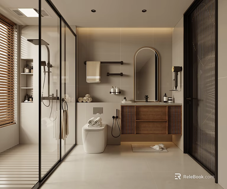 Modern Bathroom Interior Design With Glass Shower Enclosure Wooden Vanity And Mirror 3d model 