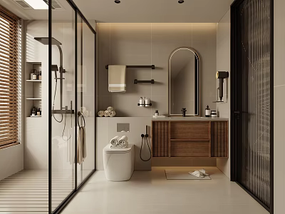 Modern Bathroom Interior Design With Glass Shower Enclosure Wooden Vanity And Mirror 3d model