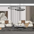 Modern Living Room Interior With White Sofa Brown Cushions Round Pendant Lights And Abstract Painting