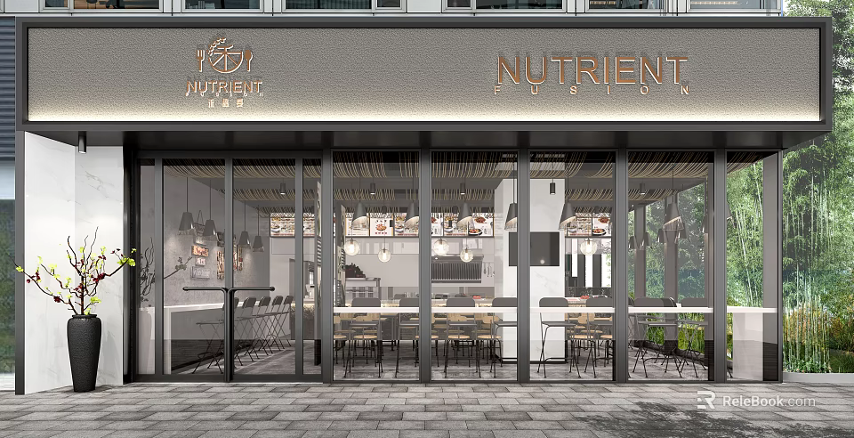 Modern Nutrient Restaurant With Glass Facade Interior Tables Chairs And Lighting 3d model 