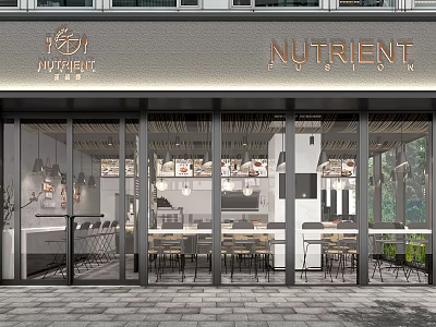 Modern Nutrient Restaurant With Glass Facade Interior Tables Chairs And Lighting 3d model