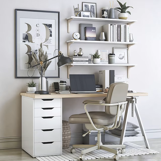 Modern Home Office Desk Interior With Laptop Lamp Chair Bookshelf And Decorations 3d model 