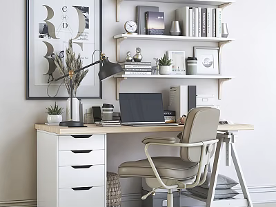 Modern Home Office Desk Interior With Laptop Lamp Chair Bookshelf And Decorations 3d model