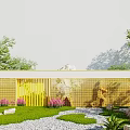 Modern Scenic Wall With Yellow Lattice Design And Green Plants Stones Gravel Path Lawn