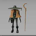Wizard Character With Green Gray Attire Orange Cloak Wide Brimmed Hat And Long Staff
