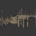 Wooden Stilt Supported Waterfront Building With Platforms Railings And Small Boat