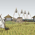 Rural Landscape Featuring Rice Field White Tents Thatched Huts Wooden Bell Frames Under Blue Sky
