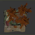Cartoon Scene With Red Maple Trees Small Cabin Green Grass Blue Stream And Rocks