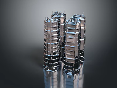 Cartoon Scene With Silver Layered Metallic Towers Shiny Surface And Dark Background Reflections 3d model
