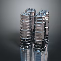 Cartoon Scene With Silver Layered Metallic Towers Shiny Surface And Dark Background Reflections