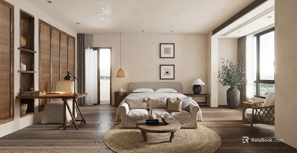 Natural Style Bedroom Interior With Wooden Floor Woven Curtains Bed Sofa And Framed 3d model 