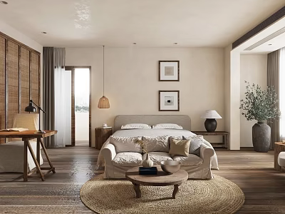 Natural Style Bedroom Interior With Wooden Floor Woven Curtains Bed Sofa And Framed 3d model