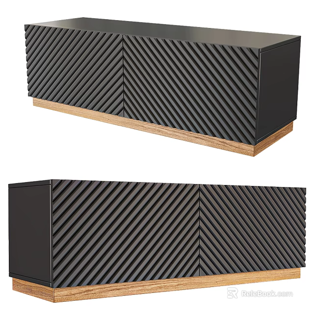 Modern Black TV Stand With Herringbone Pattern Design And Wooden Base Structure 3d model 