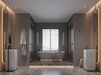 Elegant Modern Bathroom Interior with Double Vanities Freestanding Bathtub Wooden Accents and Marble Floor 3d model
