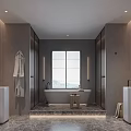 Elegant Modern Bathroom Interior with Double Vanities Freestanding Bathtub Wooden Accents and Marble Floor