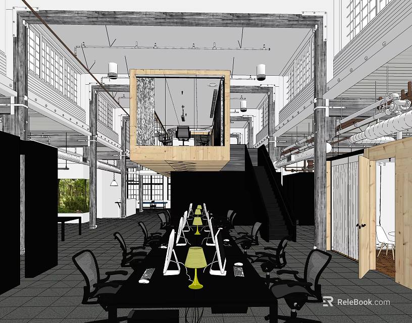 Industrial Style Public Office Space With Open Layout Long Table Computers And Table Lamps 3d model 