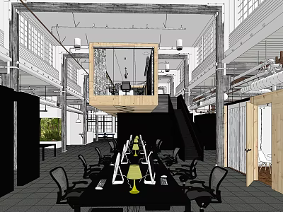 Industrial Style Public Office Space With Open Layout Long Table Computers And Table Lamps 3d model