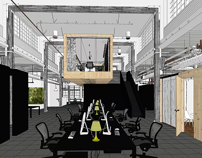 Industrial Style Public Office Space With Open Layout Long Table Computers And Table Lamps 3d model