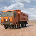 Orange Large Dump Truck Driving On Sandy Ground Under Blue Sky White Clouds