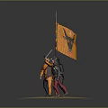Medieval Armored Soldiers With Orange Flag On Circular Grass Base
