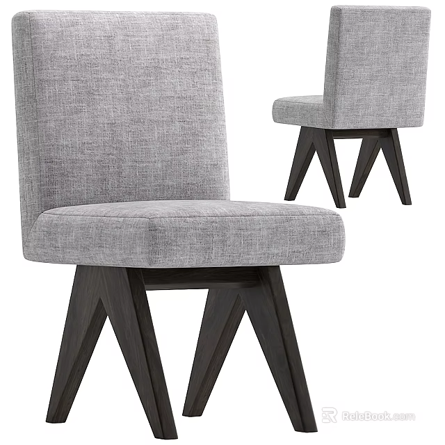 Modern Gray Upholstered Dining Chairs With Black Wooden Geometric Legs 3d model 