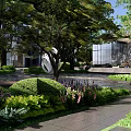 Residential Landscape Design With Lush Trees Water Feature Modern Building And Sculpture
