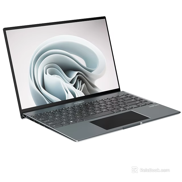 Slim Modern Laptop With Abstract Wave Pattern On Screen And Black Keyboard 3d model 