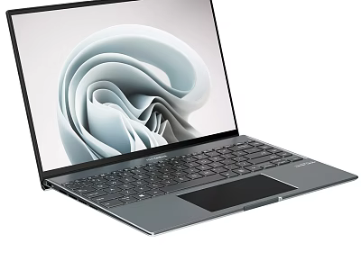 Slim Modern Laptop With Abstract Wave Pattern On Screen And Black Keyboard 3d model