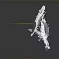 Silver Mecha Character With Red Core Holding Spear Shield In Dynamic Pose And Floating Fragments