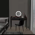 Elegant Black Dressing Table With Round Mirror Cosmetics Gray Chair And City View Window