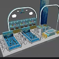 Vibrant Blue Exhibition Booth Featuring Cloud Decorations And Child Friendly Display Spaces 3d model