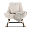 Beige Rocking Chair with Plush Cushion Striped Blanket Wooden Base and Black Metal Frame
