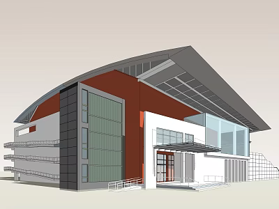 Modern Architectural Building With Unique Roof Glass Walls And Mixed Material Facade 3d model