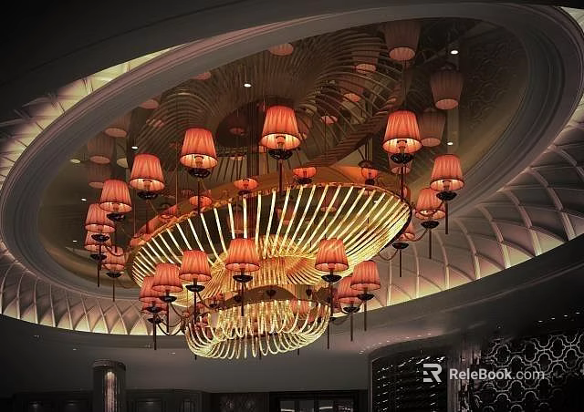 Ornate Chandelier With Multiple Shaded Lamps In Luxurious Decorative Ceiling Setting 3d model 
