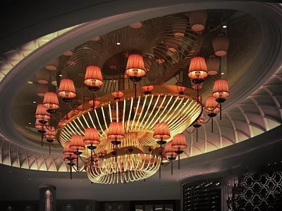 Ornate Chandelier With Multiple Shaded Lamps In Luxurious Decorative Ceiling Setting 3d model