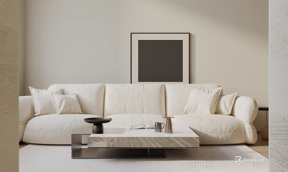 White Three Seater Sofa With Soft Pillows And Wooden Coffee Table In Living Room 3d model 