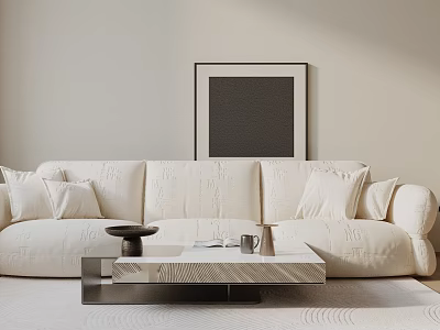 White Three Seater Sofa With Soft Pillows And Wooden Coffee Table In Living Room 3d model