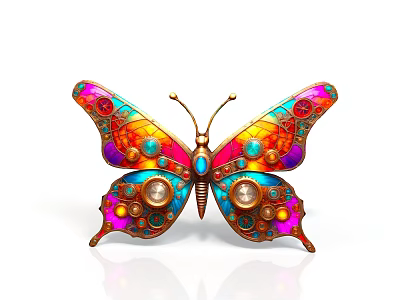 Intricate Decorative Butterfly With Colorful Wings Gears Gemstone And Metallic Accents 3d model