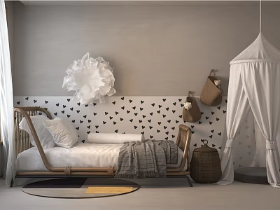 Wooden Frame Single Bed With Pillows Blanket Gray Wall Black Heart Patterns White Flower Decor 3d model