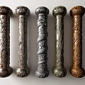 Carved Columns With Various Intricate Dragon Spiral Designs And Metal Wooden Textures