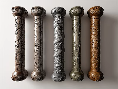 Carved Columns With Various Intricate Dragon Spiral Designs And Metal Wooden Textures 3d model