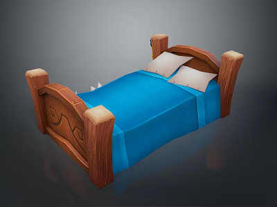 Rustic Wooden Bed Frame With Carved Headboard Blue Bedspread And White Pillows 3d model