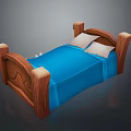 Rustic Wooden Bed Frame With Carved Headboard Blue Bedspread And White Pillows 3d model