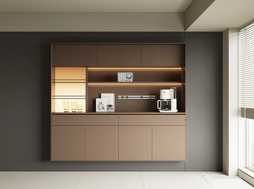 Modern Beige Sideboard With LED Lighting And Coffee Machine On Dark Grey Wall Background 3d model 