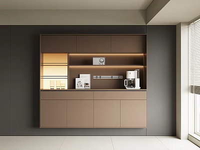 Modern Beige Sideboard With LED Lighting And Coffee Machine On Dark Grey Wall Background 3d model