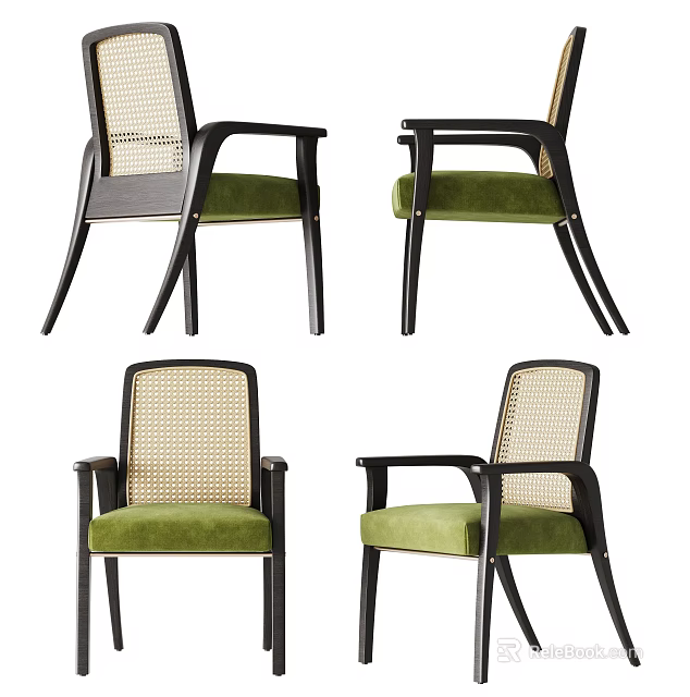 Modern Dining Chairs With Green Upholstered Seats Rattan Backrests And Black Wooden Frames 3d model 
