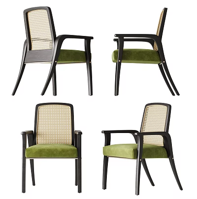 Modern Dining Chairs With Green Upholstered Seats Rattan Backrests And Black Wooden Frames 3d model