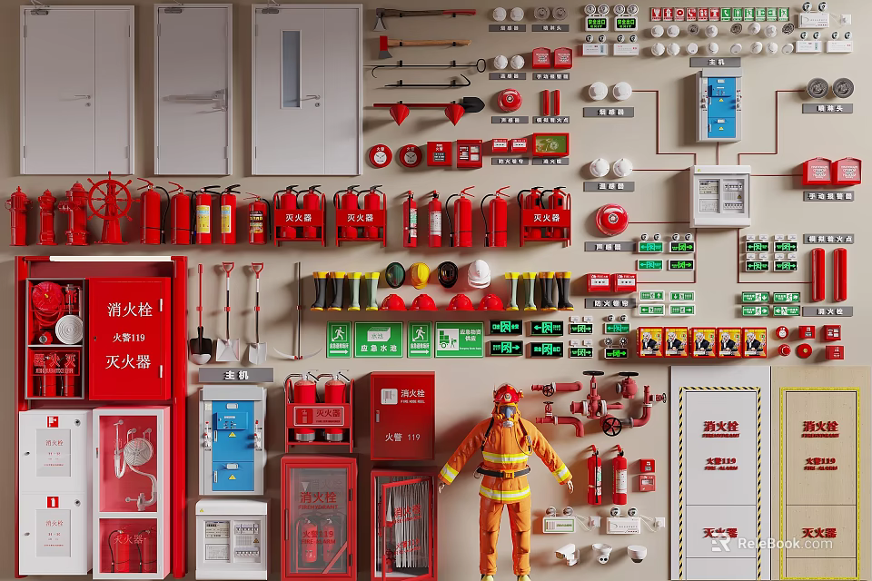 Essential Fire Safety Equipment Including Extinguishers Hydrants Cabinets And Warning Signs 3d model 