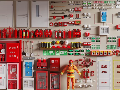 Essential Fire Safety Equipment Including Extinguishers Hydrants Cabinets And Warning Signs 3d model